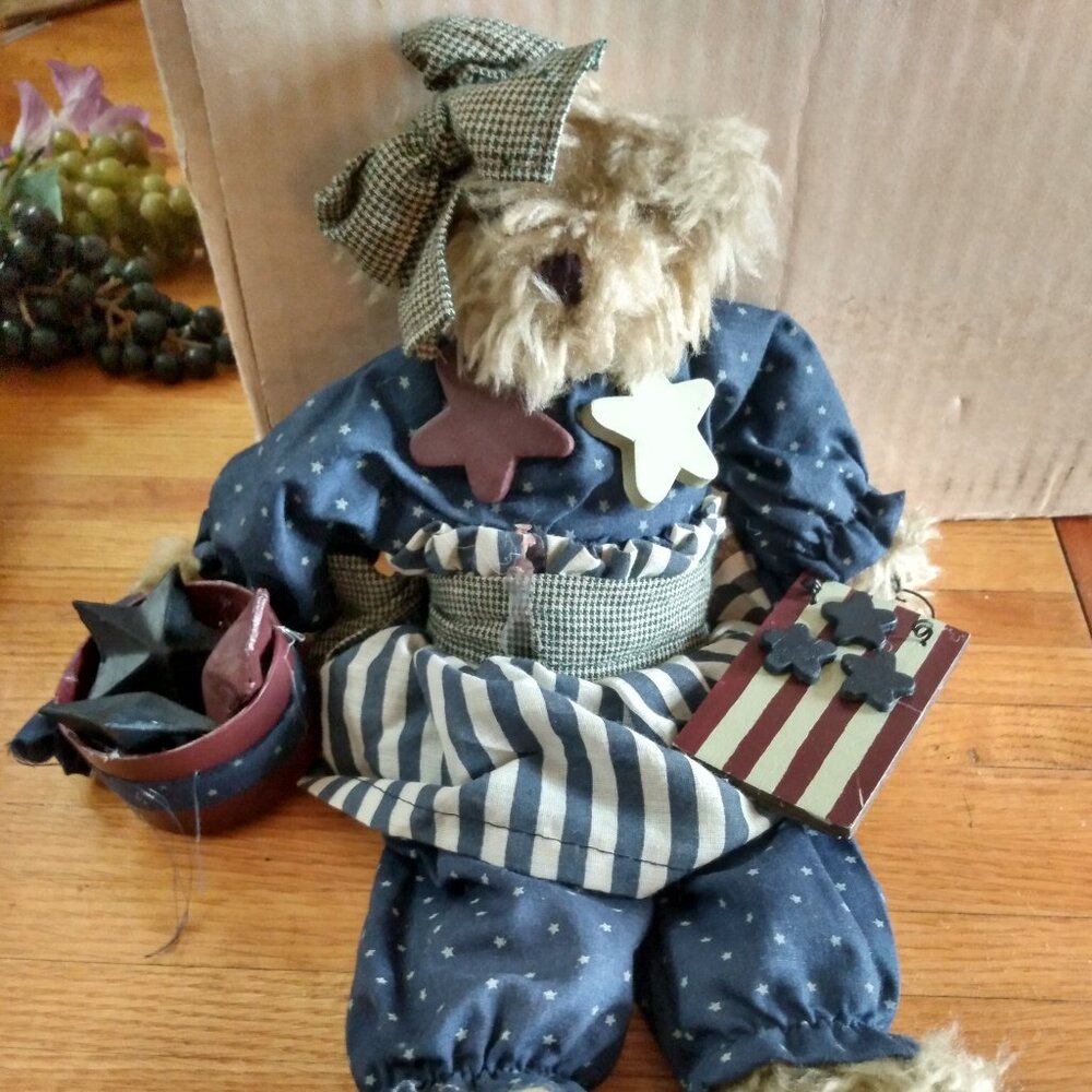 Vintage Patriotic Plush Bear with American Flag & Bucket of Stars